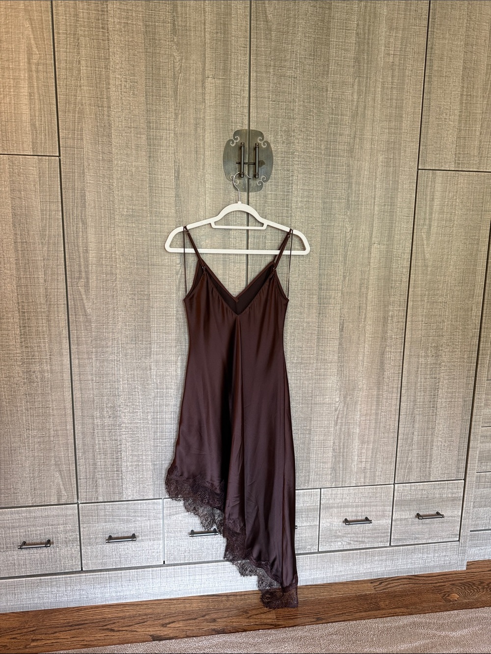 Zara Satin Slip Dress with Lace Hem in Deep Brown - Picture 9 of 17